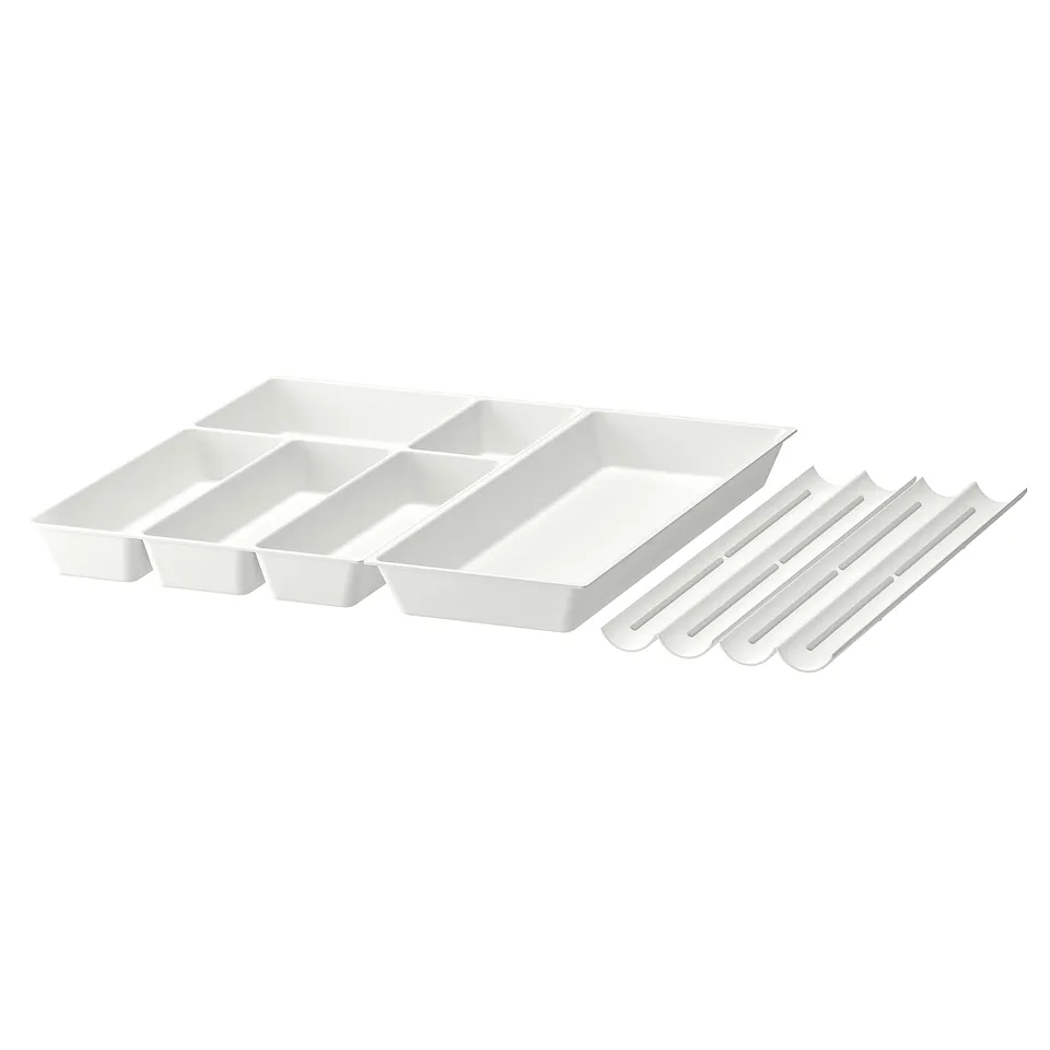 White UPPDATERA drawer organiser. Four compartments plus separate knife rack. Modern design for clean kitchen storage.