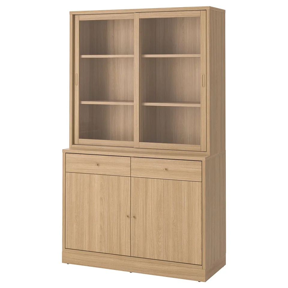Wooden storage cabinet with glass doors, drawers. Modern dining room furniture.
