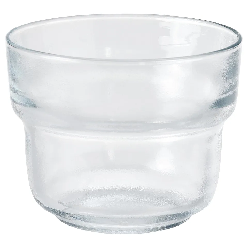 Clear OLIVTRAST glass cup. Simple, round shape with textured design. Made from tempered glass.