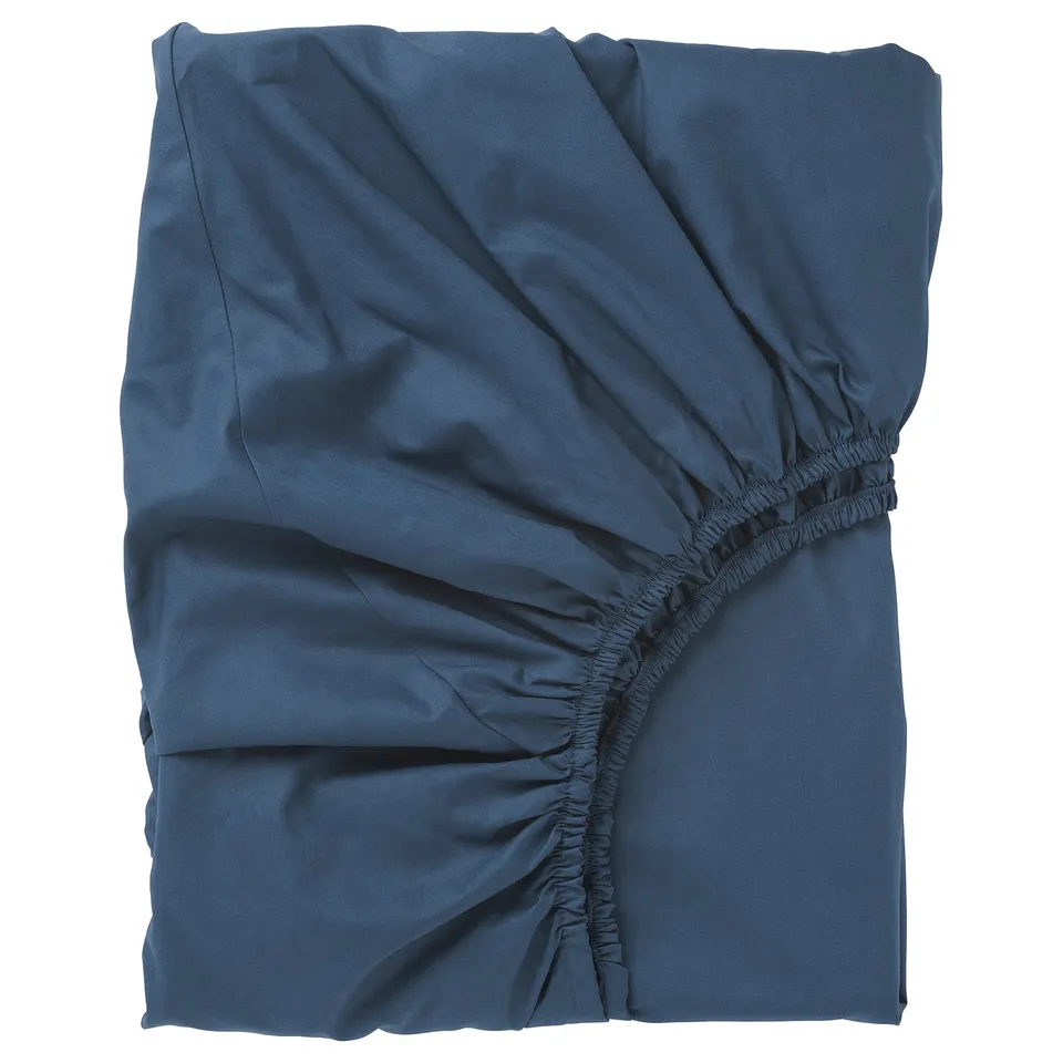 Blue bed sheet, ruched edges, crisp, soft, cotton blend.