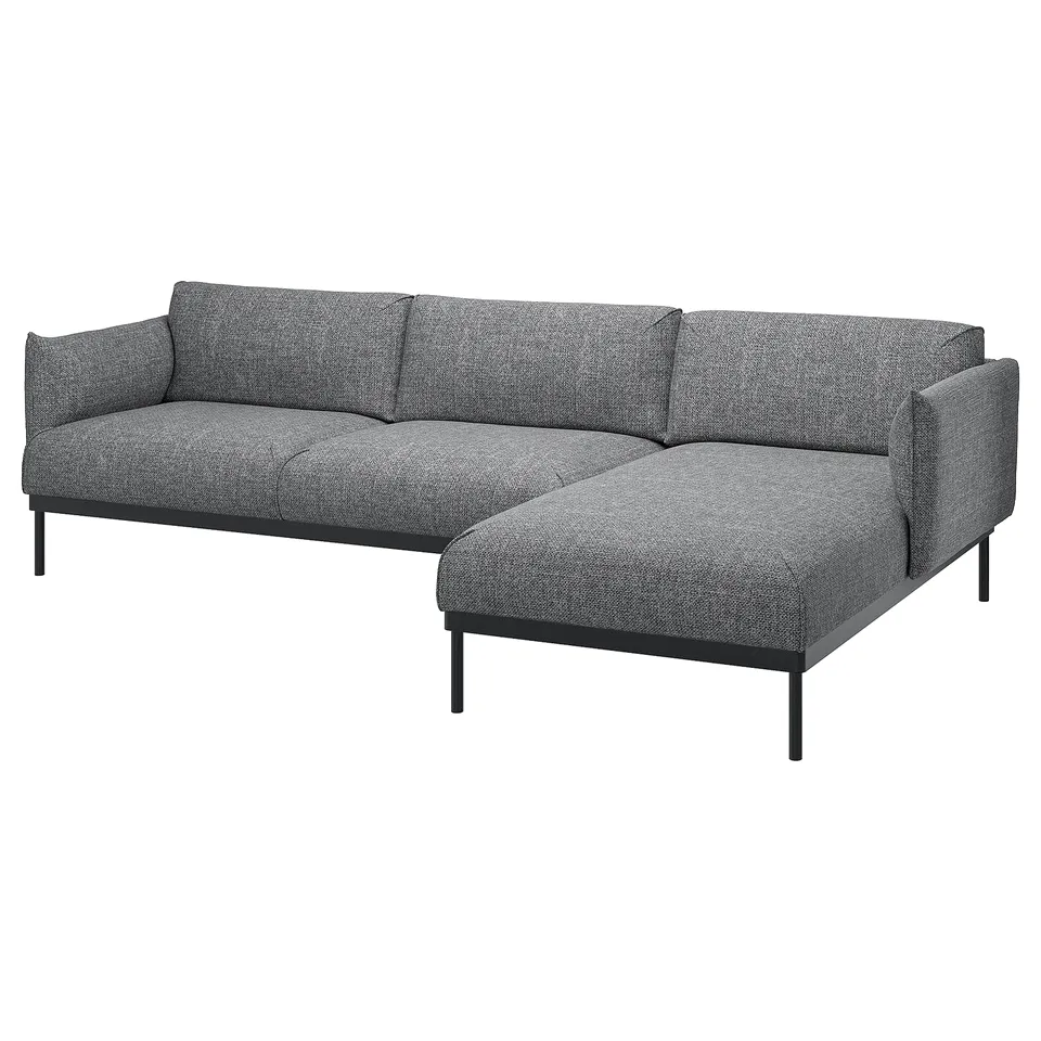 Modern grey l-shaped ÄPPLARYD sofa, sleek metal legs, cosy cushions.