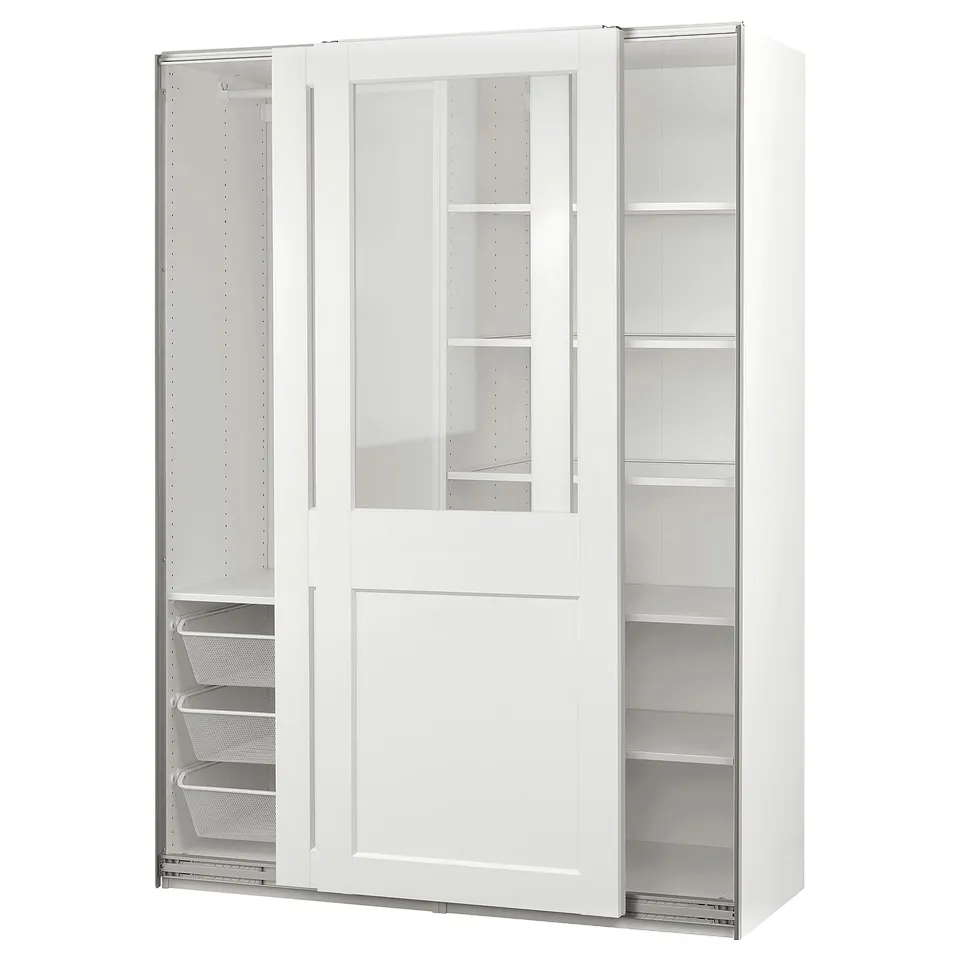 White PAX wardrobe with glass doors, sliding mechanism, mesh basket, and multiple shelves.