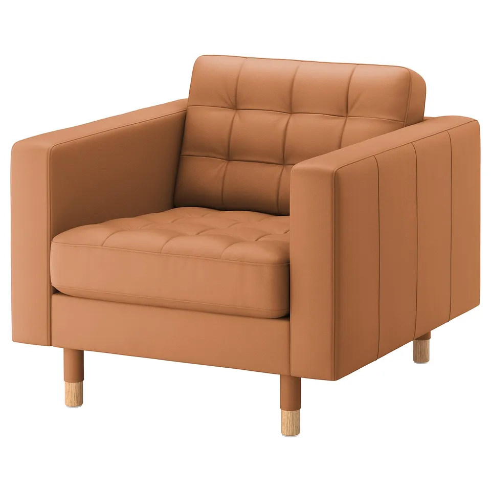 A stylish brown leather chair, featuring tufted back and seat, sturdy wooden legs, and a 10-year warranty.