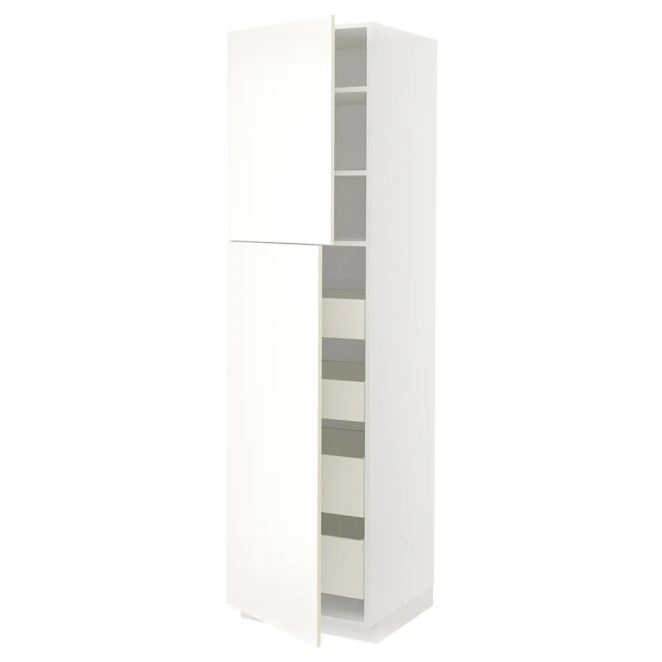 A white METOD kitchen cabinet with a modern design, featuring multiple shelves inside.
