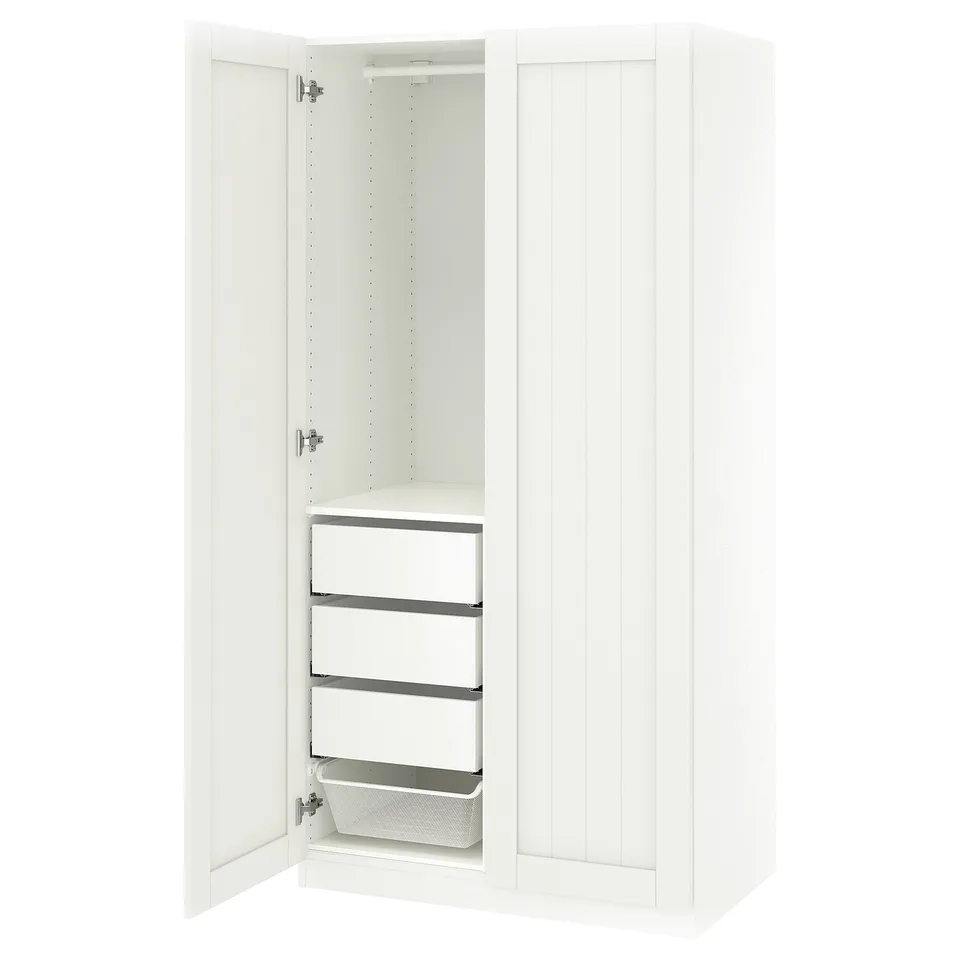 White ikea PAX wardrobe with open door, metal rail, and mesh basket.