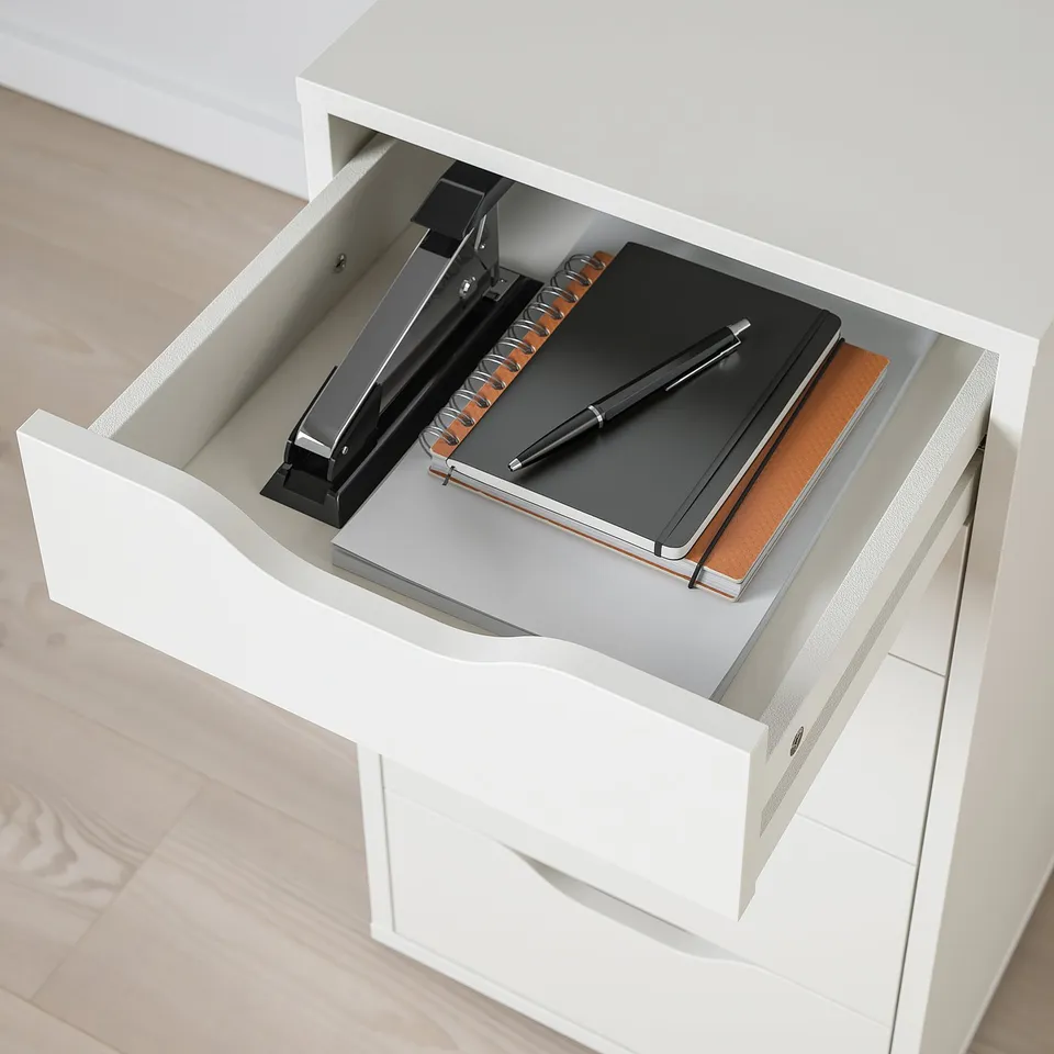 Open white ALEX drawer revealing organised office supplies: pen, notepad, and binder.