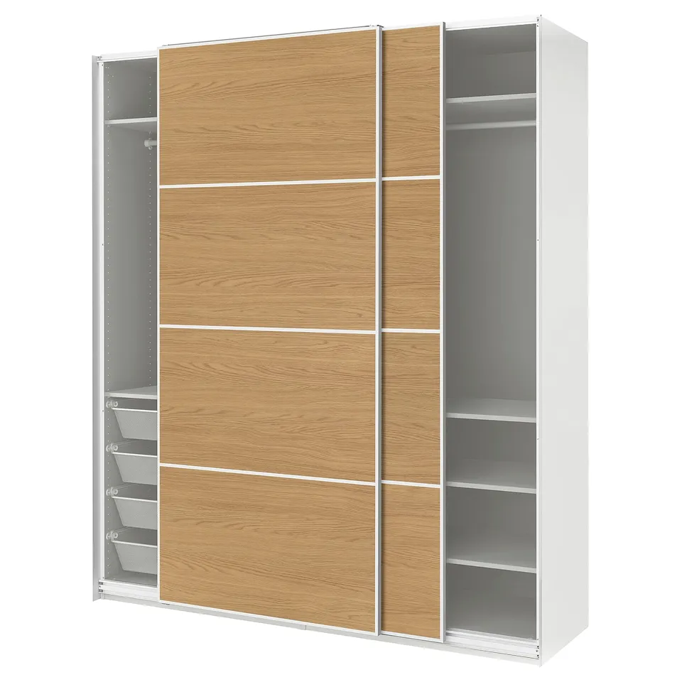 PAX / MEHAMN Wardrobe with sliding doors, white white/double sided oak effect, 200x66x236 cm