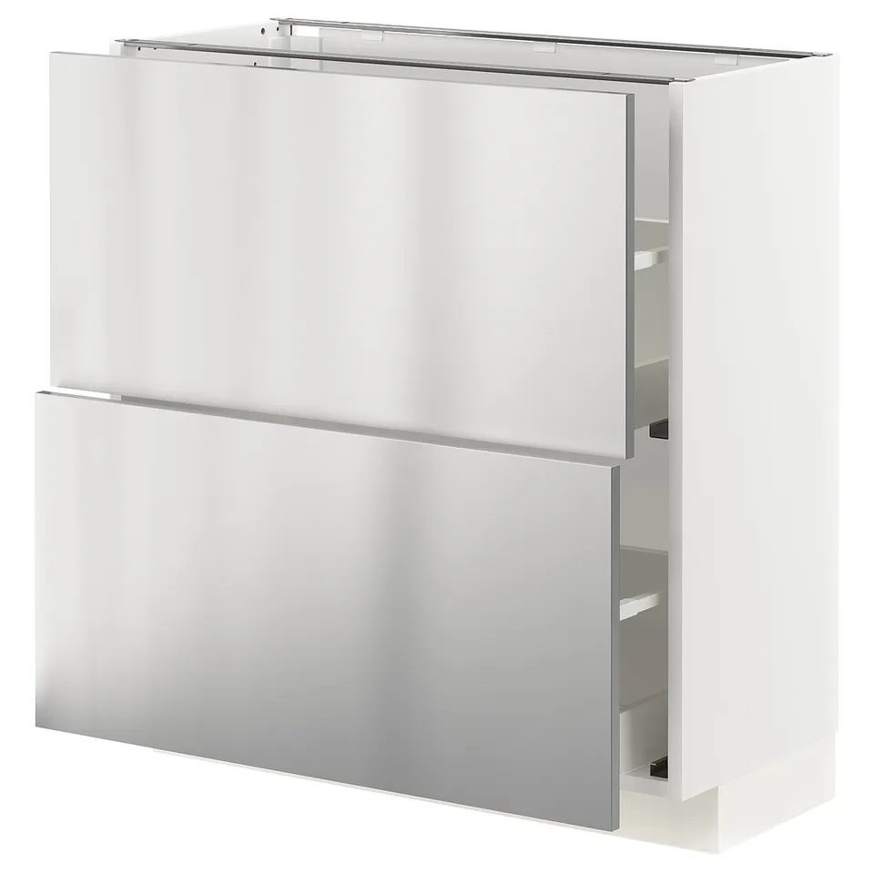 Modern white kitchen unit with stainless-steel drawers, rectangular shape, sleek design.