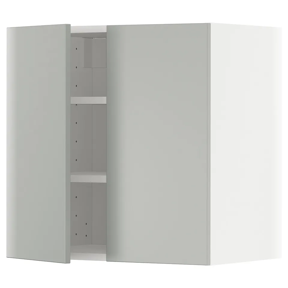 METOD light grey wall cabinet, sleek, modern, open door showcasing shelves.