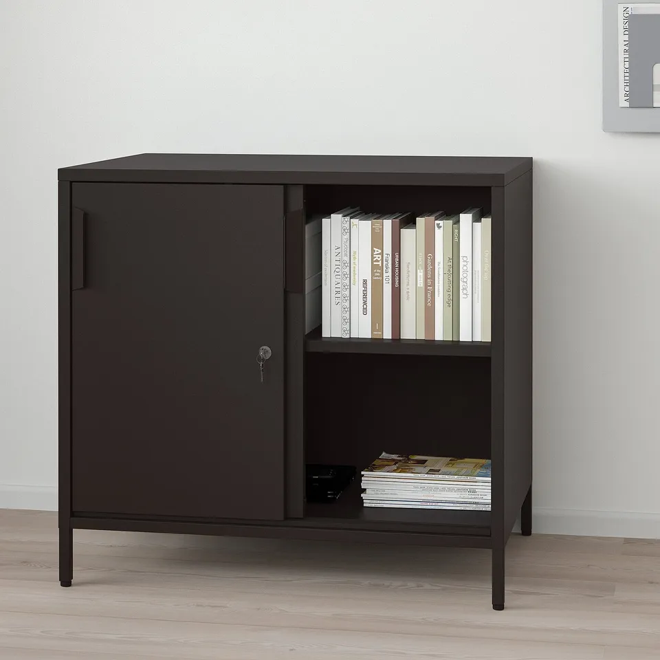 Black double-sided cabinet with sliding doors, ideal as room divider, accessible from both sides, adjustable shelves, lockable doors.