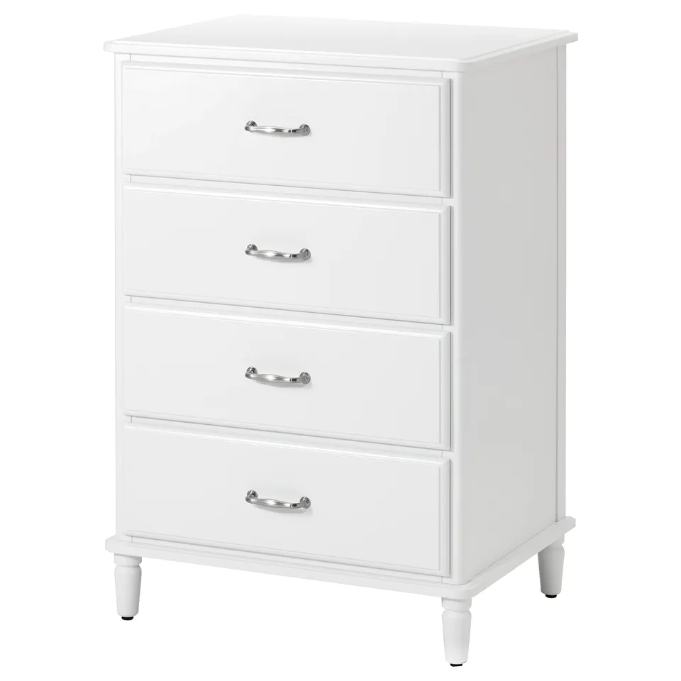 White TYSSEDAL chest with 4 drawers, featuring silver handles and slightly curved legs. Ideal for bedrooms, offering a scandinavian design style.