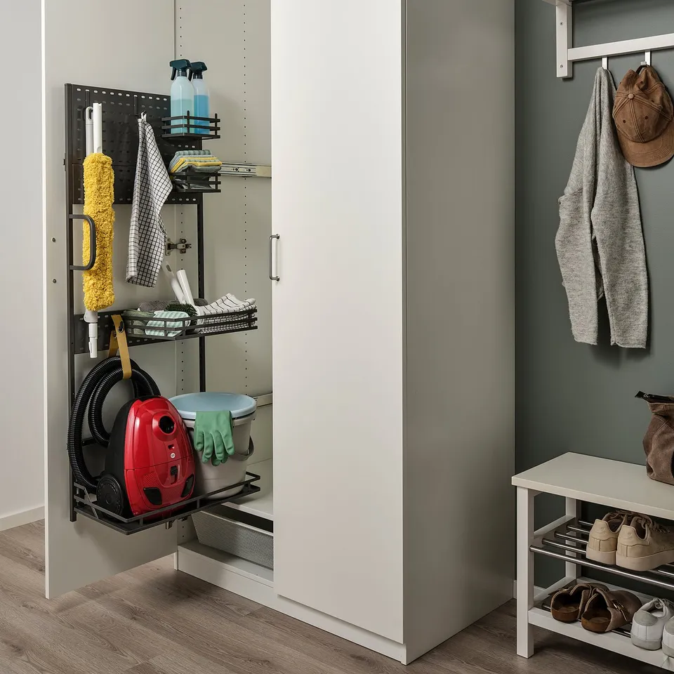 Organised cleaning supplies on pull-out shelf, vacuum, and accessories in modern cabinet.