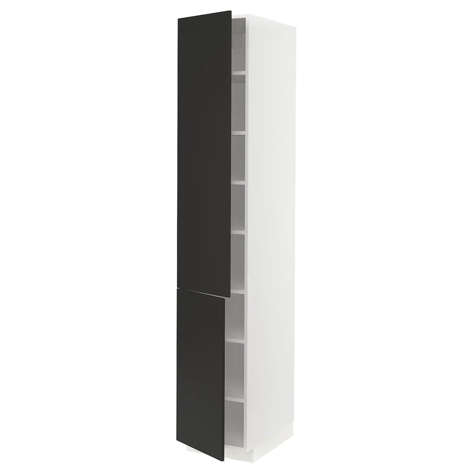 Ikea METOD black-white tall cabinet, sleek modern design, adjustable shelves.