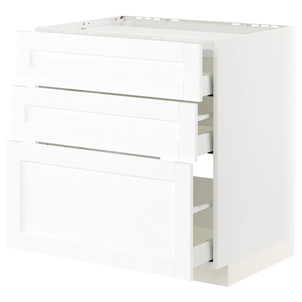 White ikea METOD kitchen unit with three drawers, featuring clean lines and subtle wood grain texture.