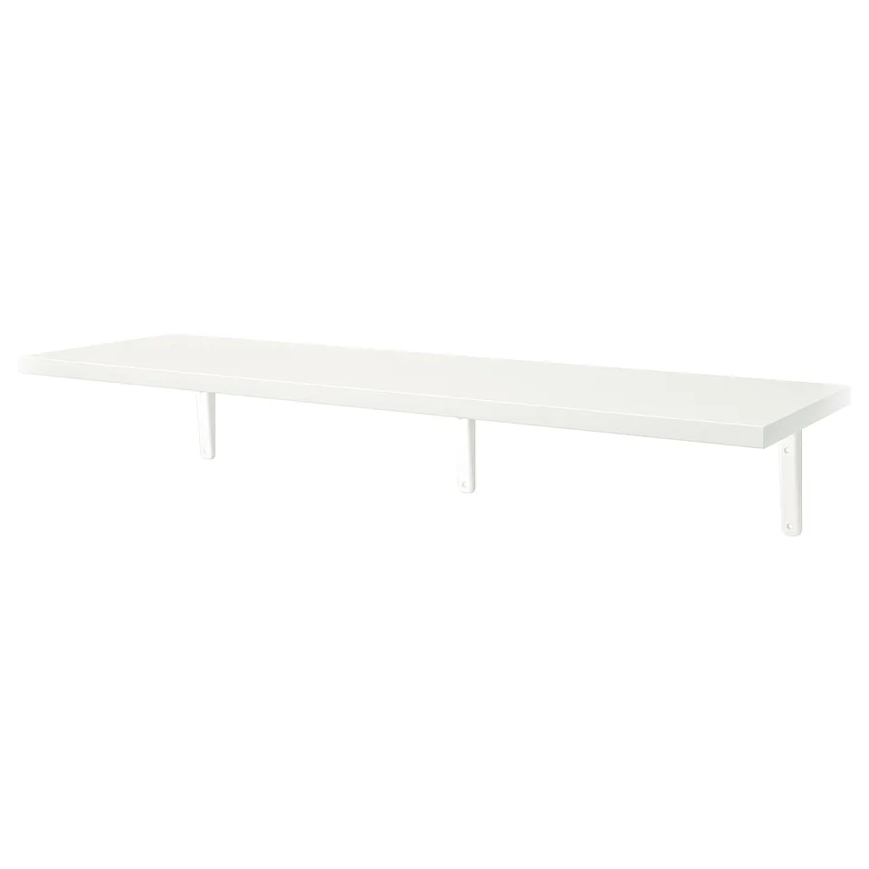 BERGSHULT wall shelf: white, rectangular, smooth & bevelled edges, metal brackets, minimalist design.