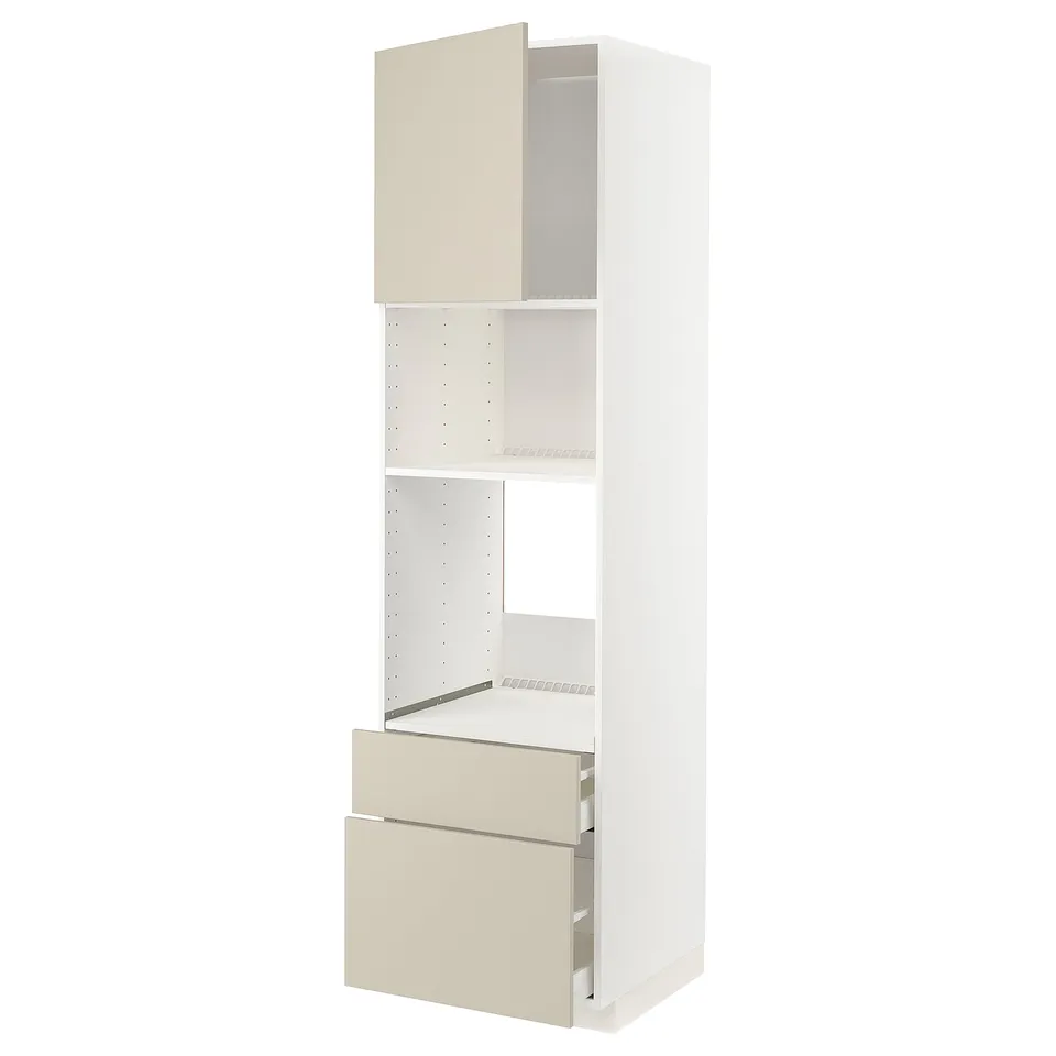 A white and beige METOD kitchen cabinet with adjustable shelves and drawers. The cabinet has a modern, minimalist design with smooth surfaces.