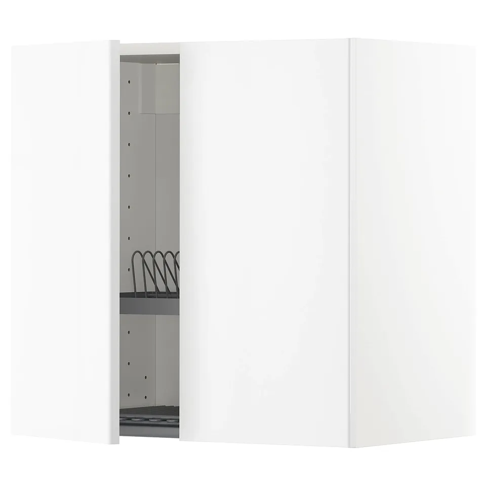 Modern white gloss kitchen cabinet, rectangular shape with adjustable shelf, left-side opening.