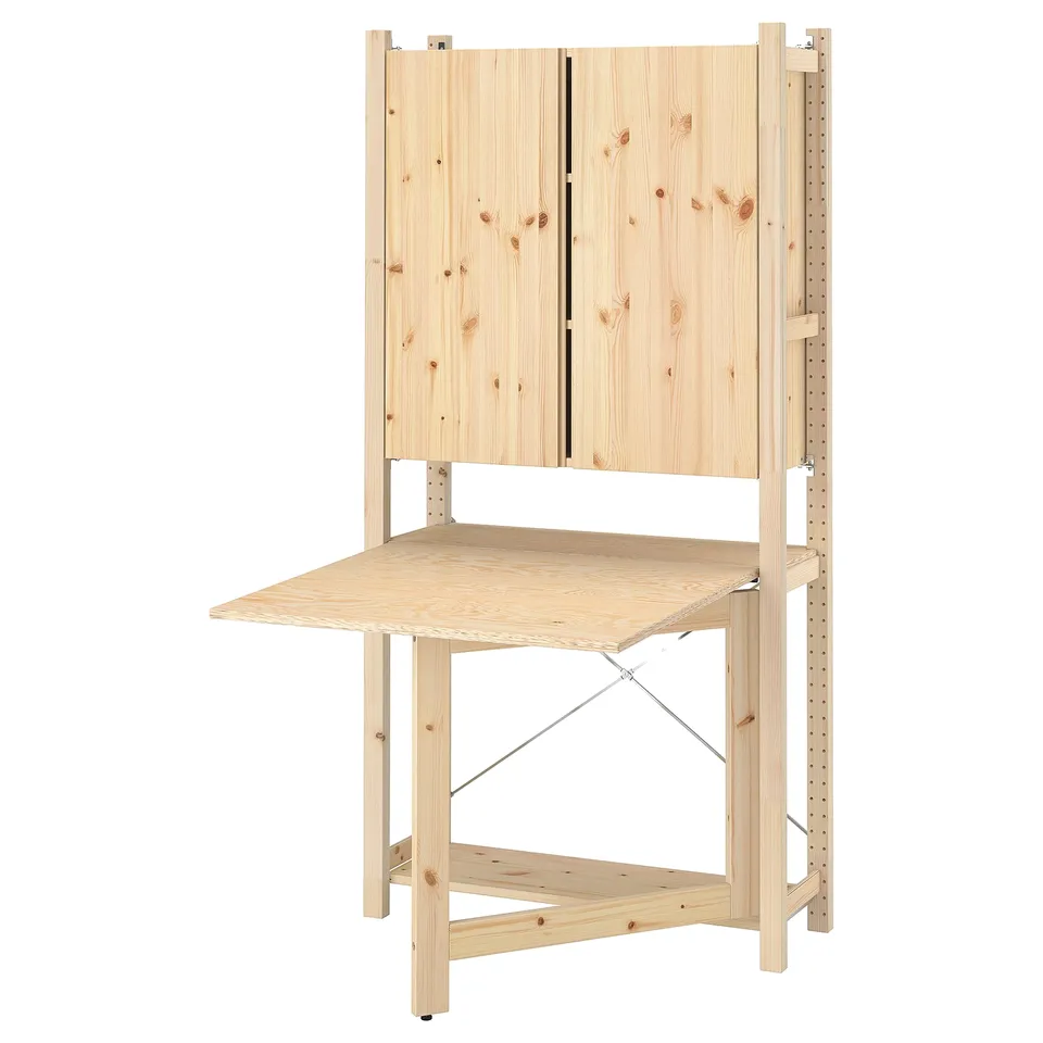 IVAR wood storage unit, natural finish, rectangular shape, with folding table, light, functional design.