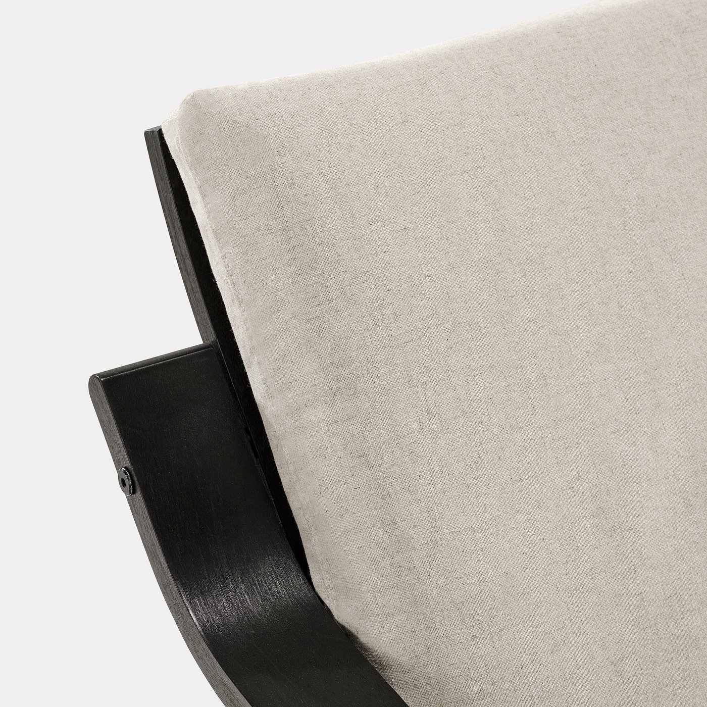 Close-up of sleek, modern chair with curved black metal base and minimalist light grey cushion.
