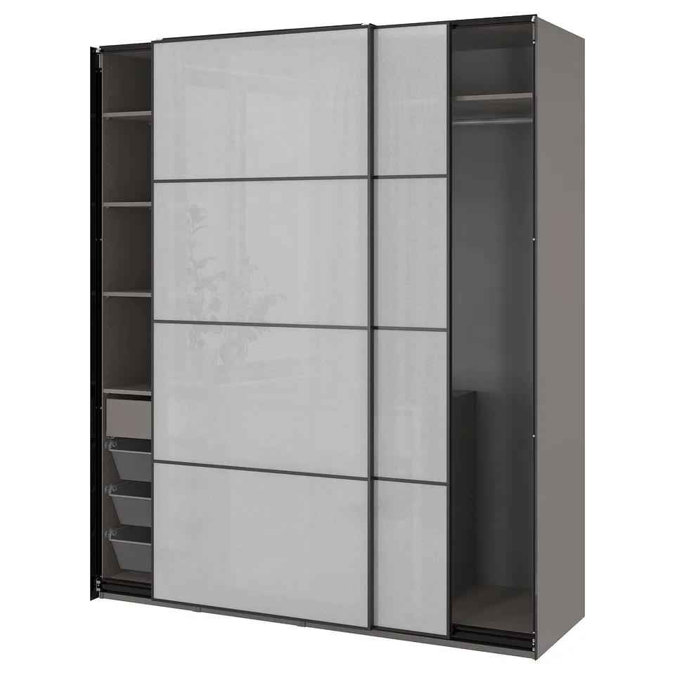 Modern grey sliding closet with mesh drawers and shelves.