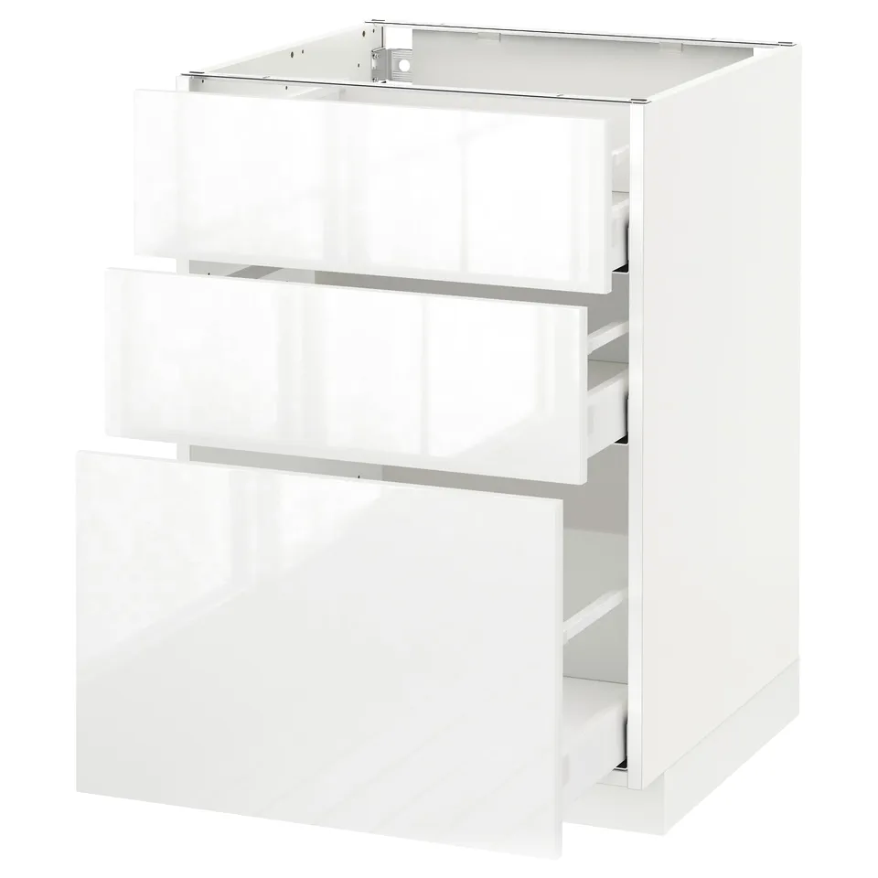 White glossy kitchen cabinet with three drawers.