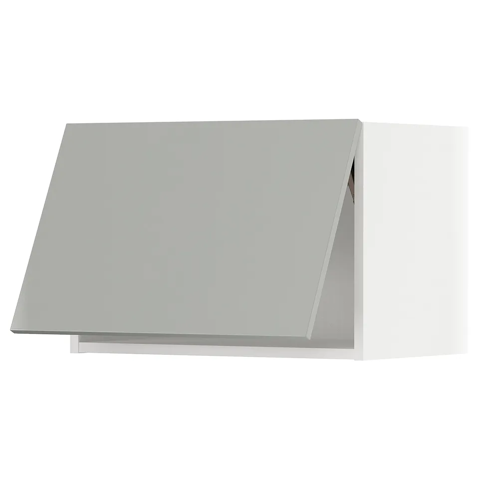 Modern grey kitchen cabinet with clean, sleek design and angled top, part of METOD system.
