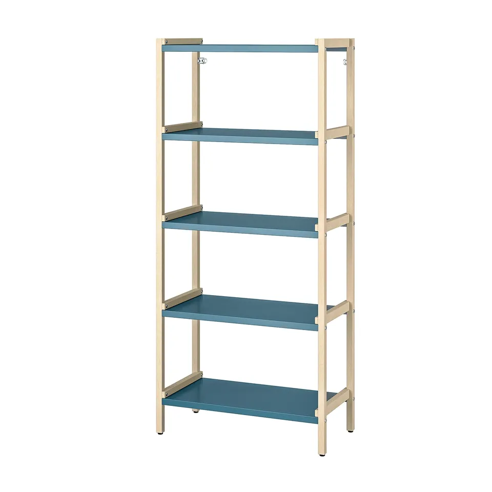 A blue metal EKENABBEN shelving unit with 4 shelves. It has a modern design and sturdy construction for versatile storage.
