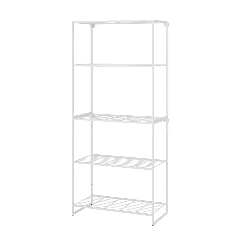 White metal shelving, 4 tiers, indoor/outdoor use, moisture-resistant.