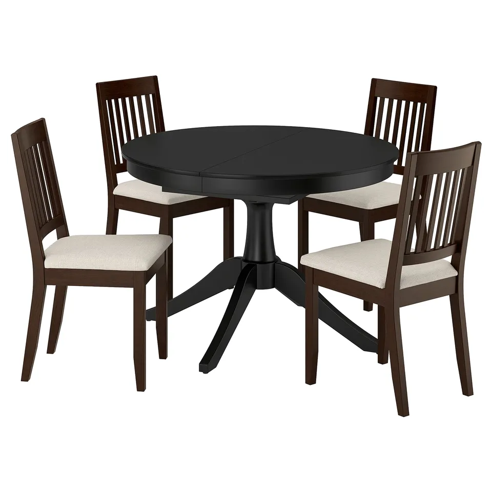 ROSENTORP dining set. Black round table, four dark wood chairs with beige cushions. Simple, classic design.