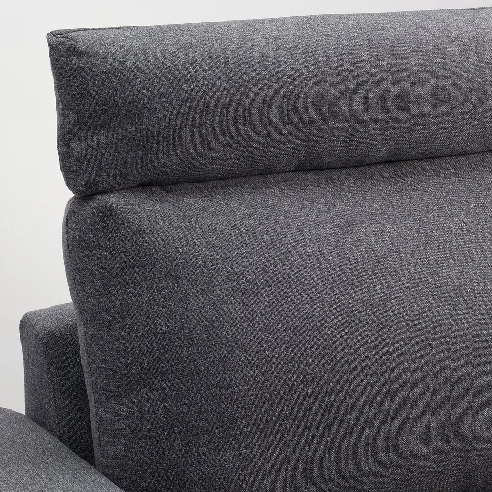Close-up of VIMLE sofas dark grey headrest, showcasing plush, durable gunnared fabric with a soft, two-toned melange effect.