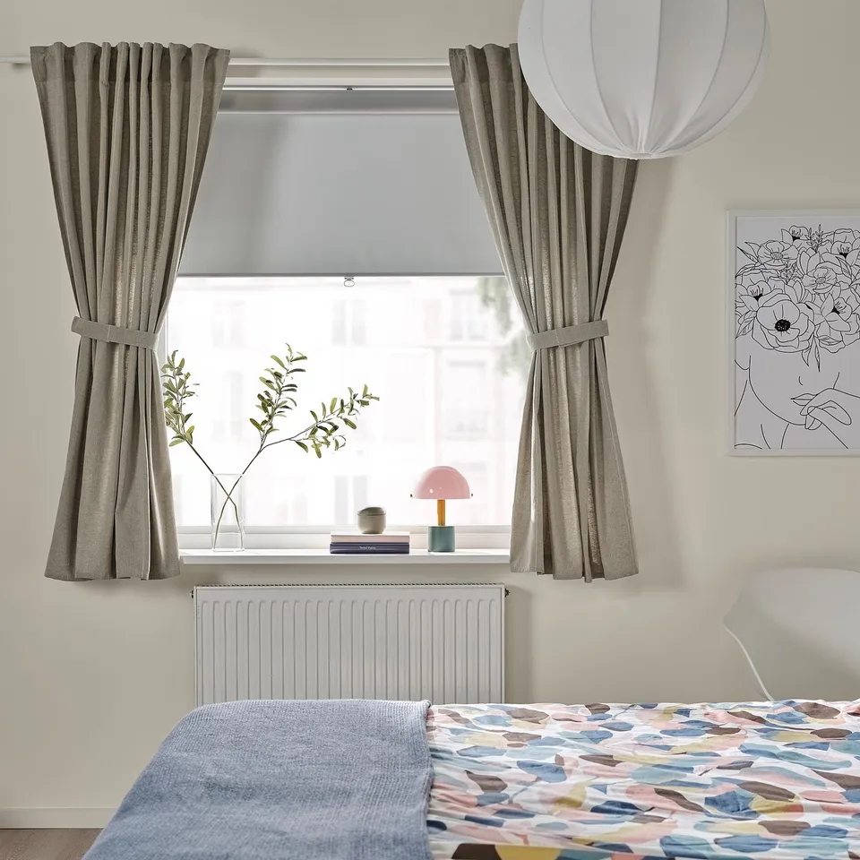 LENDA Curtains with tie-backs, 1 pair, light grey-green/with heading tape, 140x160 cm