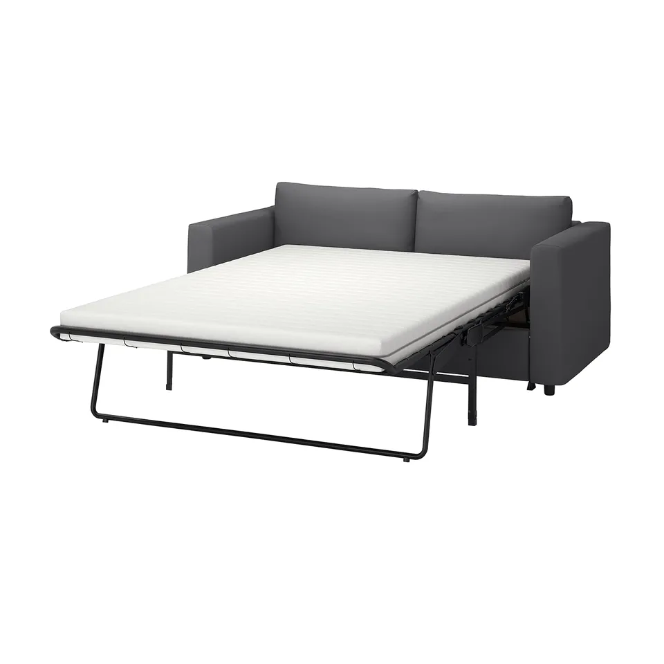 VIMLE grey sofa-bed, modern design, convertible, with thick mattress, black metal frame.
