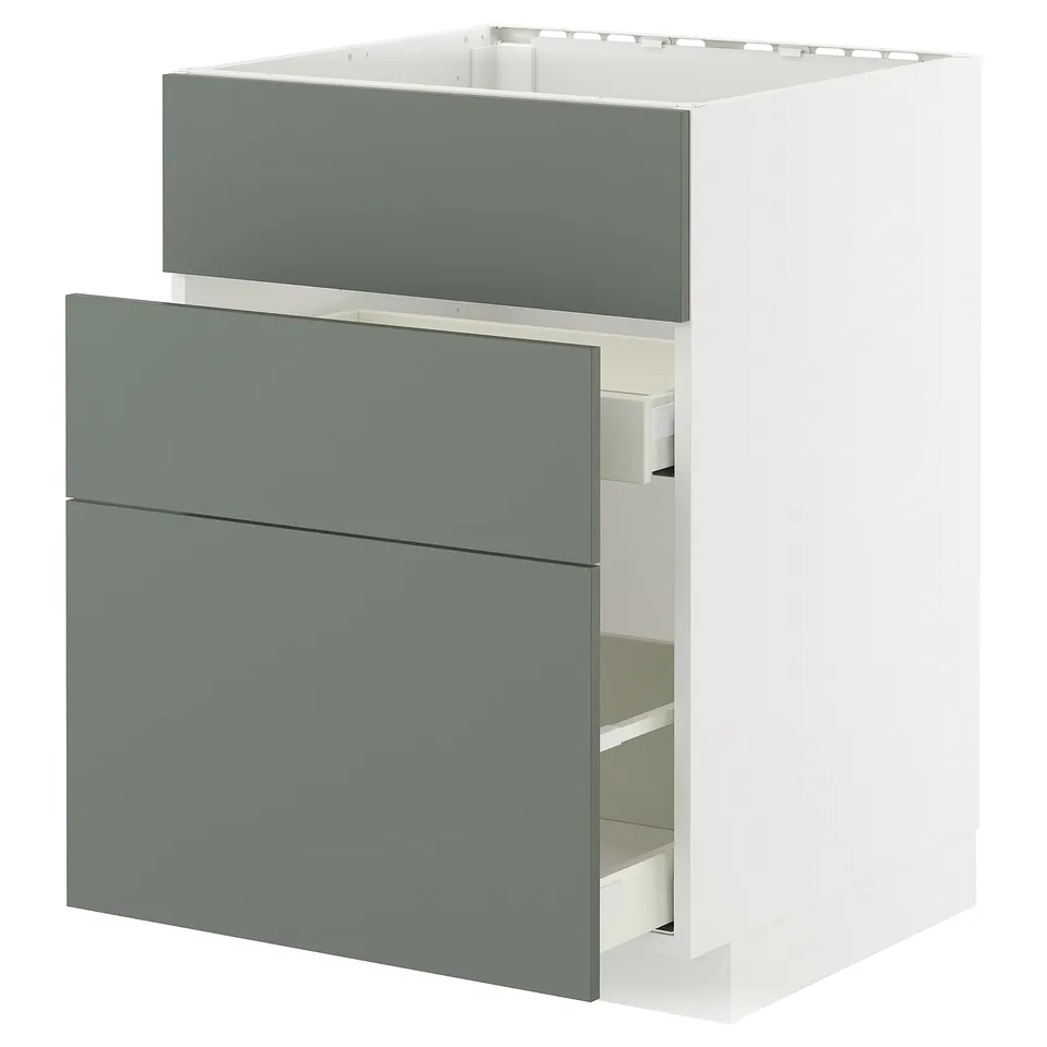 A modern kitchen unit named METOD with three grey-green drawers, white cabinet, sleek design, and durable materials.