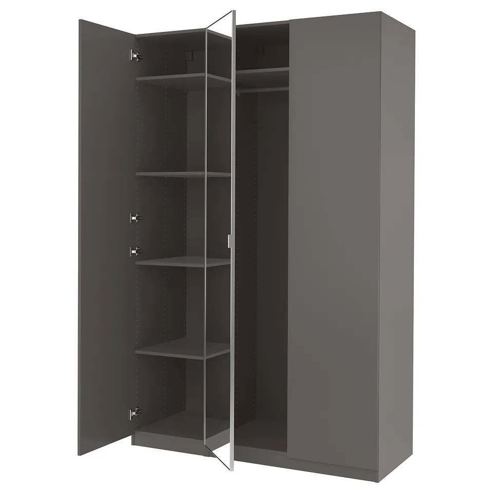 A PAX wardrobe in dark grey with mirrored doors, featuring adjustable shelves.