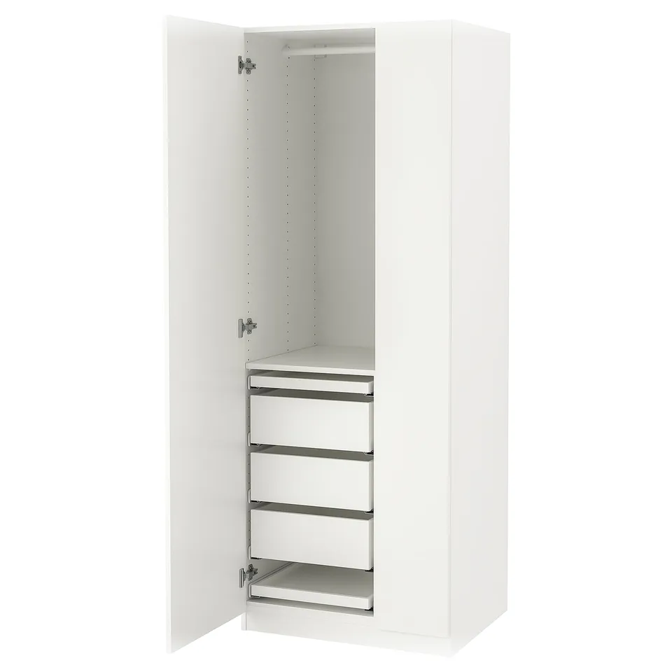 A white PAX wardrobe with an open door, revealing shelves inside.