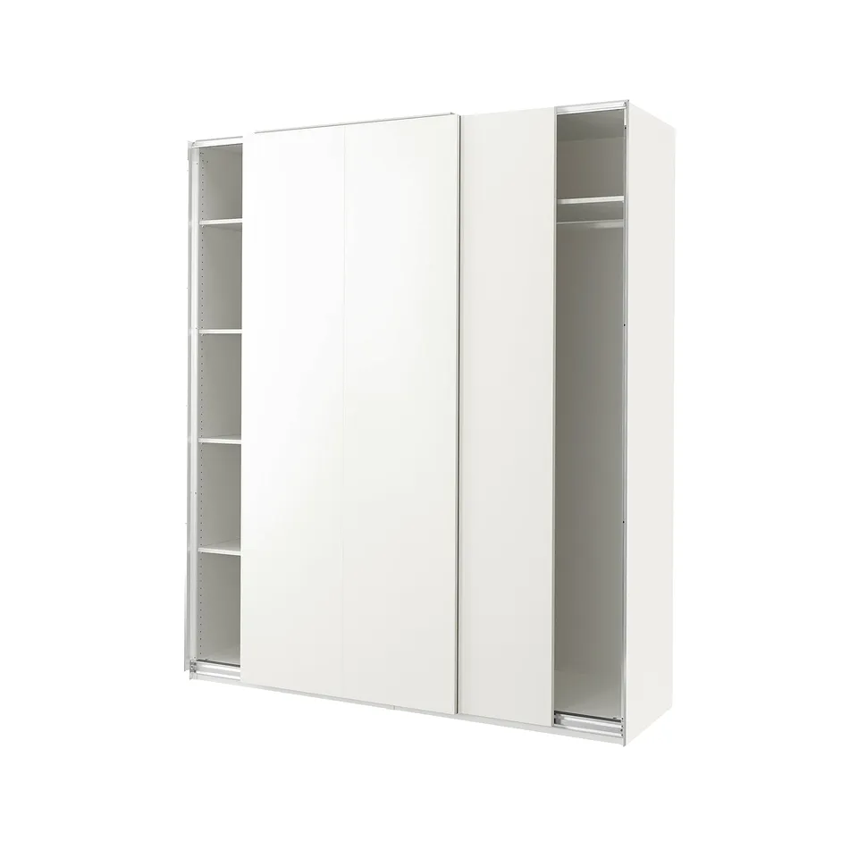 A white PAX wardrobe with sliding doors and open shelves.