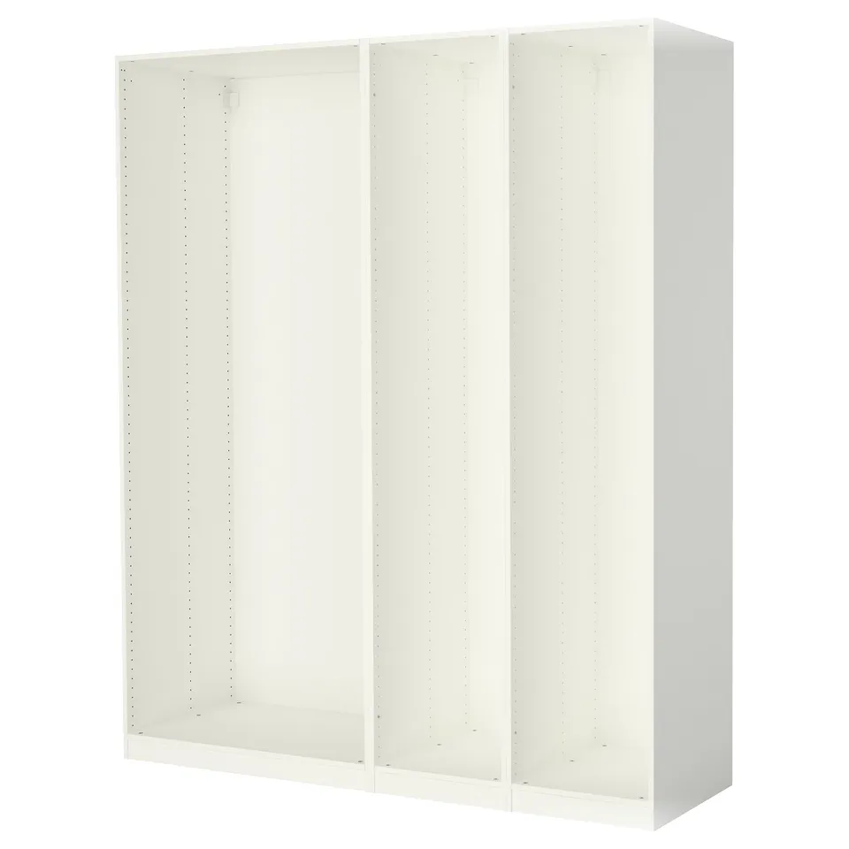 White PAX wardrobe frame. Minimalist design, modular storage.