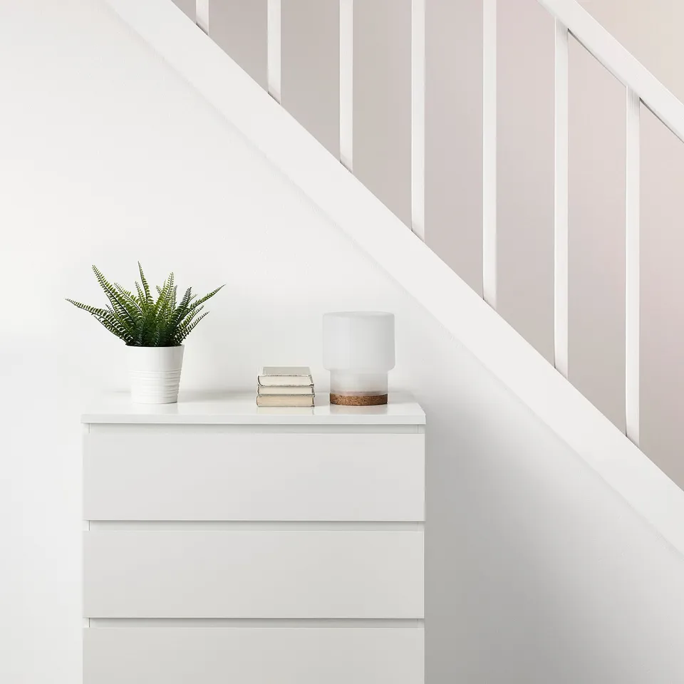A white chest with a potted plant, books, and a lamp against a white wall.