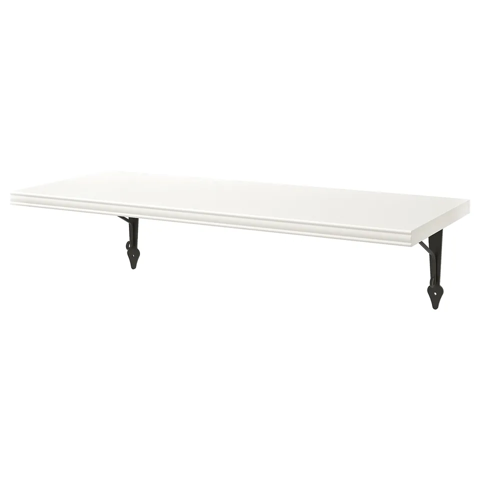 A white rectangular wall shelf, BERGSHULT, with two black metal brackets, ideal for various rooms.