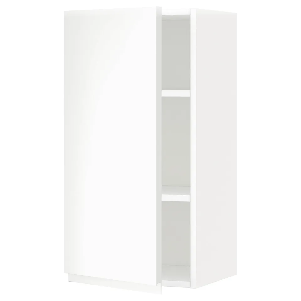 White METOD kitchen cabinet, modern & minimalist with adjustable shelves, left/right door mount.