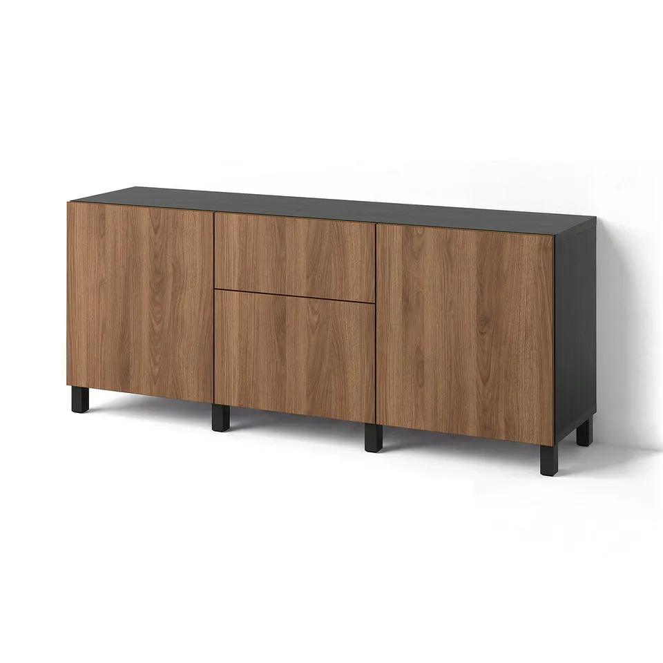 BESTÅ Storage combination with drawers, black-brown Lappviken/Stubbarp/brown walnut effect, 180x42x74 cm
