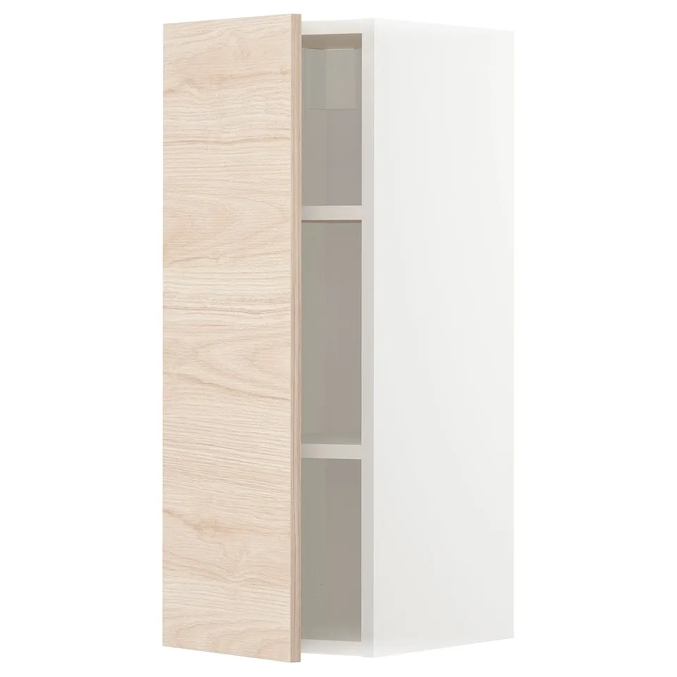 A light ash wood-patterned METOD wall cabinet with a white frame, one shelf inside, and a modern design.