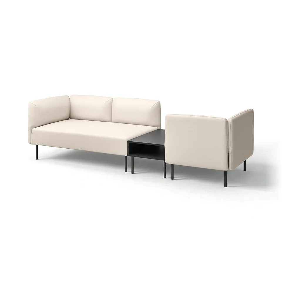 Lilleham modular sofa in beige fabric with beige cushions and black metal legs and coffee table.