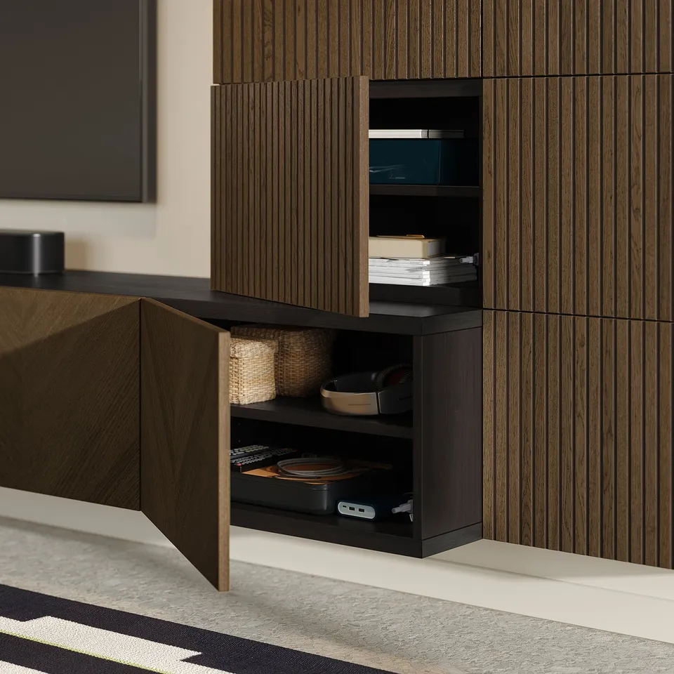 BESTÅ Media storage combination, black-brown Björköviken/Hedeviken brown stained oak veneer, 300x42x114 cm