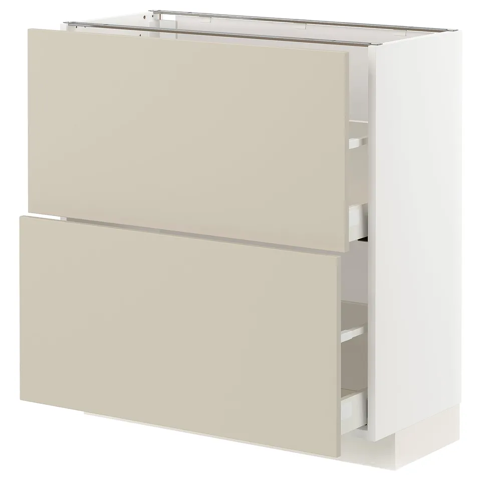 Beige METOD kitchen cabinet with smooth drawers, sleek design, 25 year guarantee.