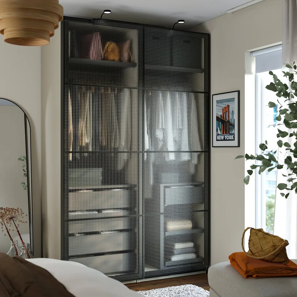 PAX / LUNDBRÄSMA Wardrobe with sliding doors, grey-beige black/checkered glass dark grey, 150x66x236 cm