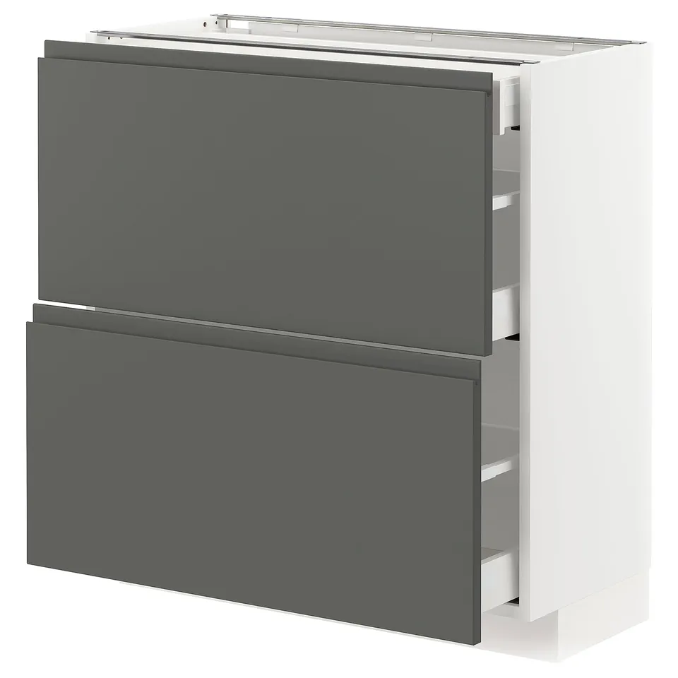 Modern kitchen cabinet, METOD. 2 dark grey drawers, handles-less. Sturdy, white base with shelves. Compact, rectangular, contemporary design.