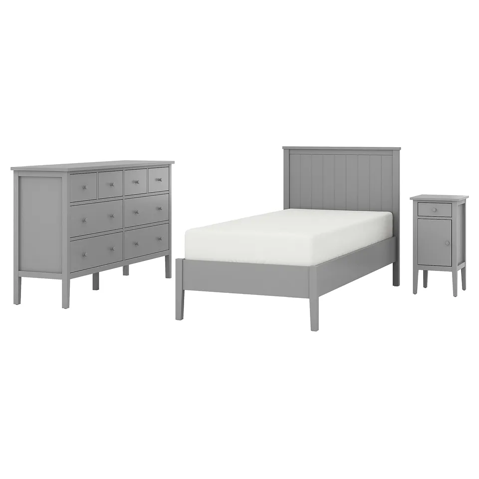 GULLABERG grey bedroom set: twin bed, dresser, bedside table. Modern, wooden, grey finish.
