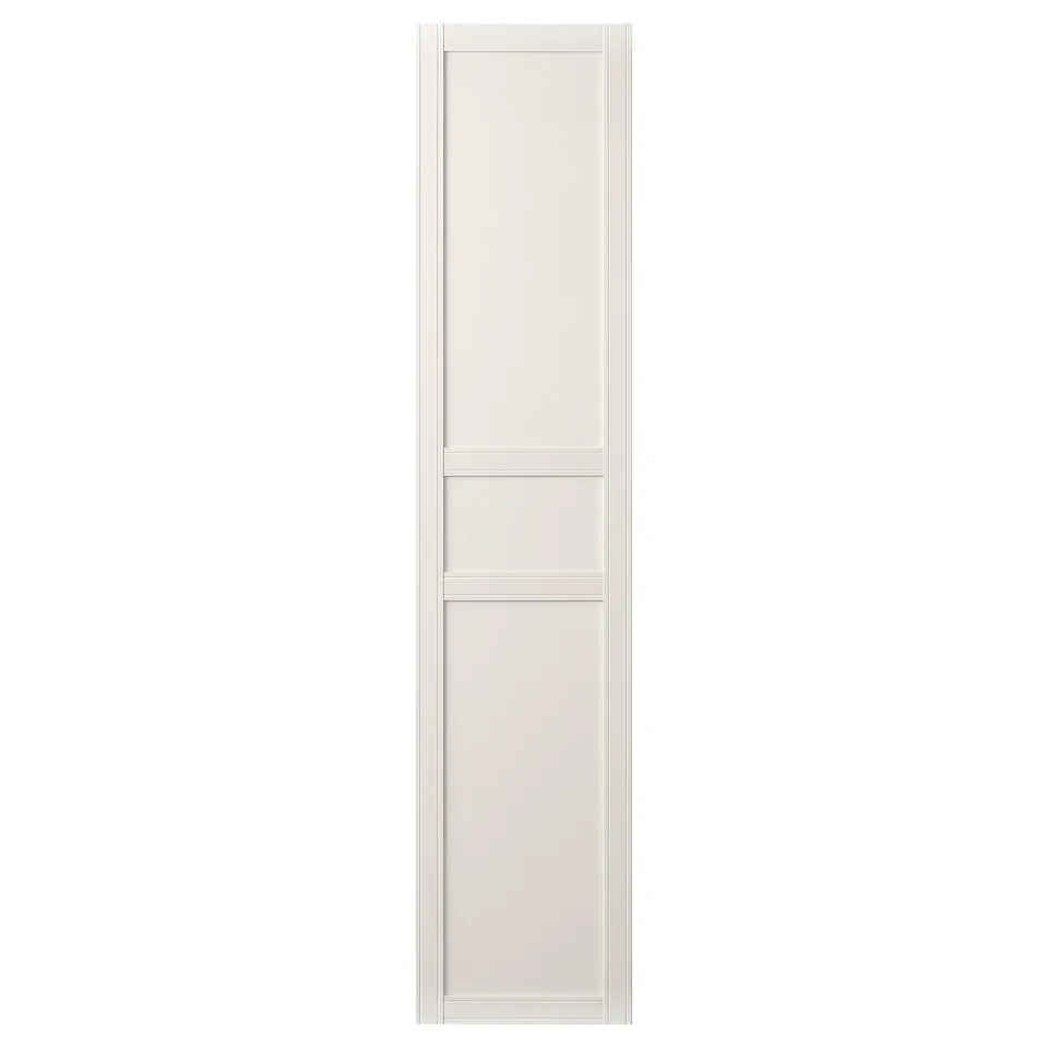 Flimsy FLISBERGET off-white door, three panels, subtle grooves, soft closing hinges.