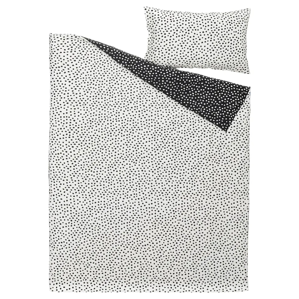 BJÖRKGRÅMAL bed set: black dots on white. Soft cotton-viscose, duvet & pillowcase.